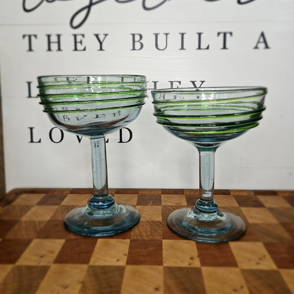 Handblown Blue & Green Swirl Margarita Glasses Set Of Two